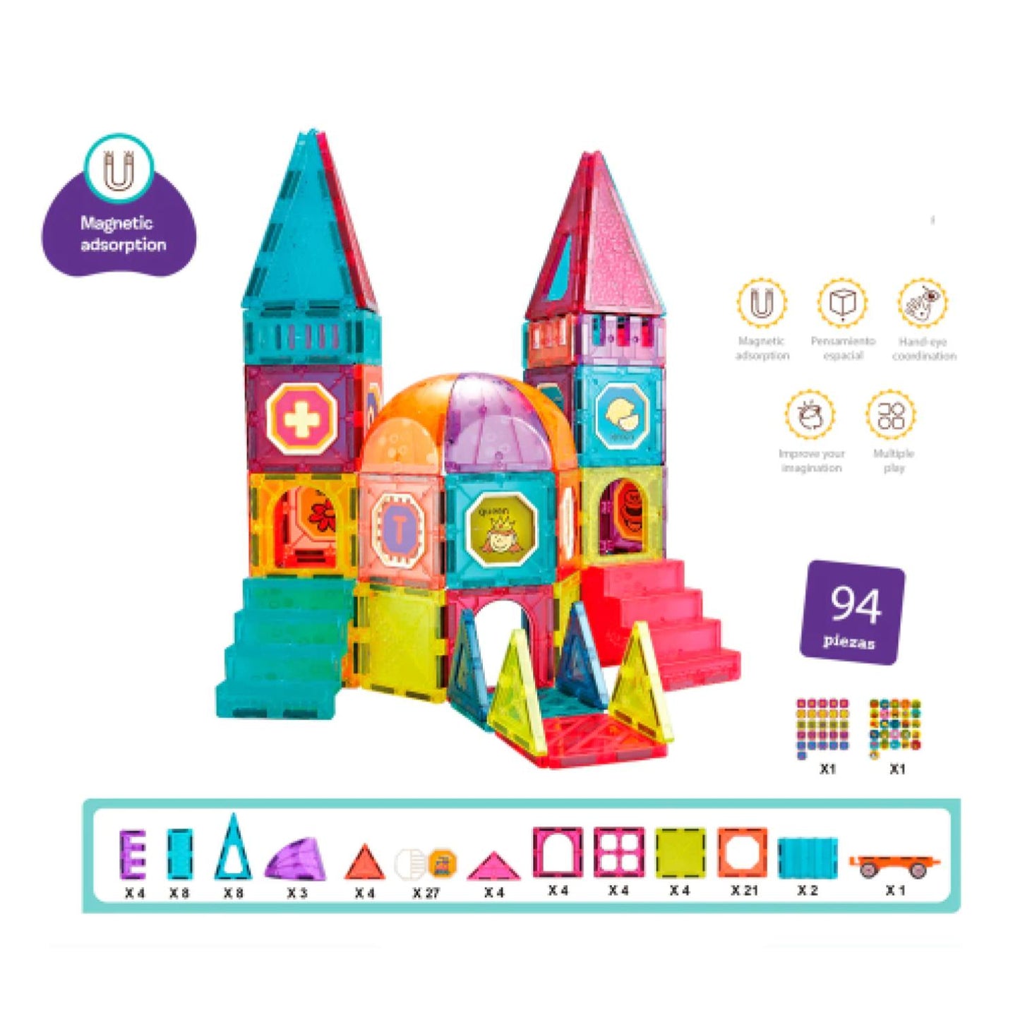 Bloques Magneticos Castillo y Auto 94 Pcs De Colores