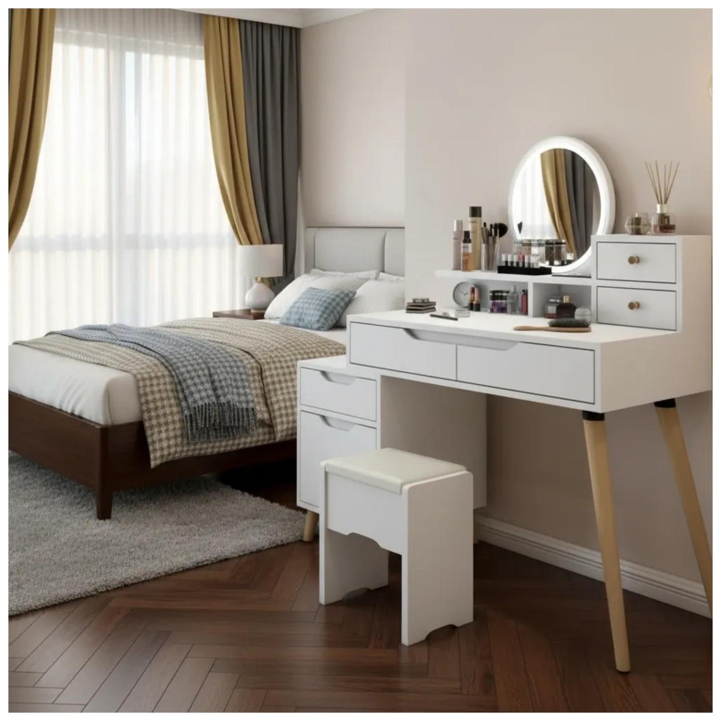 Tocador Con Espejo De Luz Y Taburete Comoda Extendible