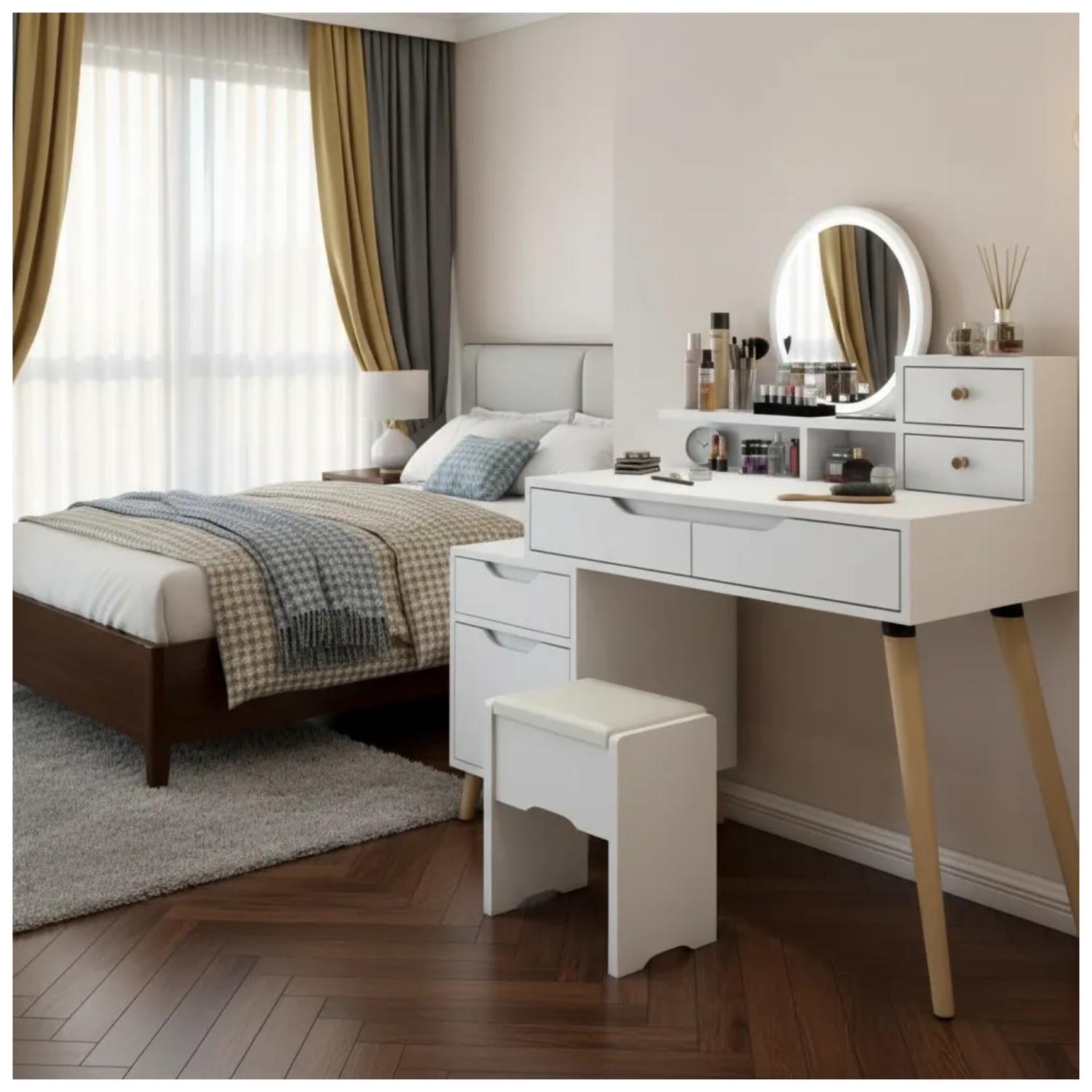 Tocador Con Espejo De Luz Y Taburete Comoda Extendible