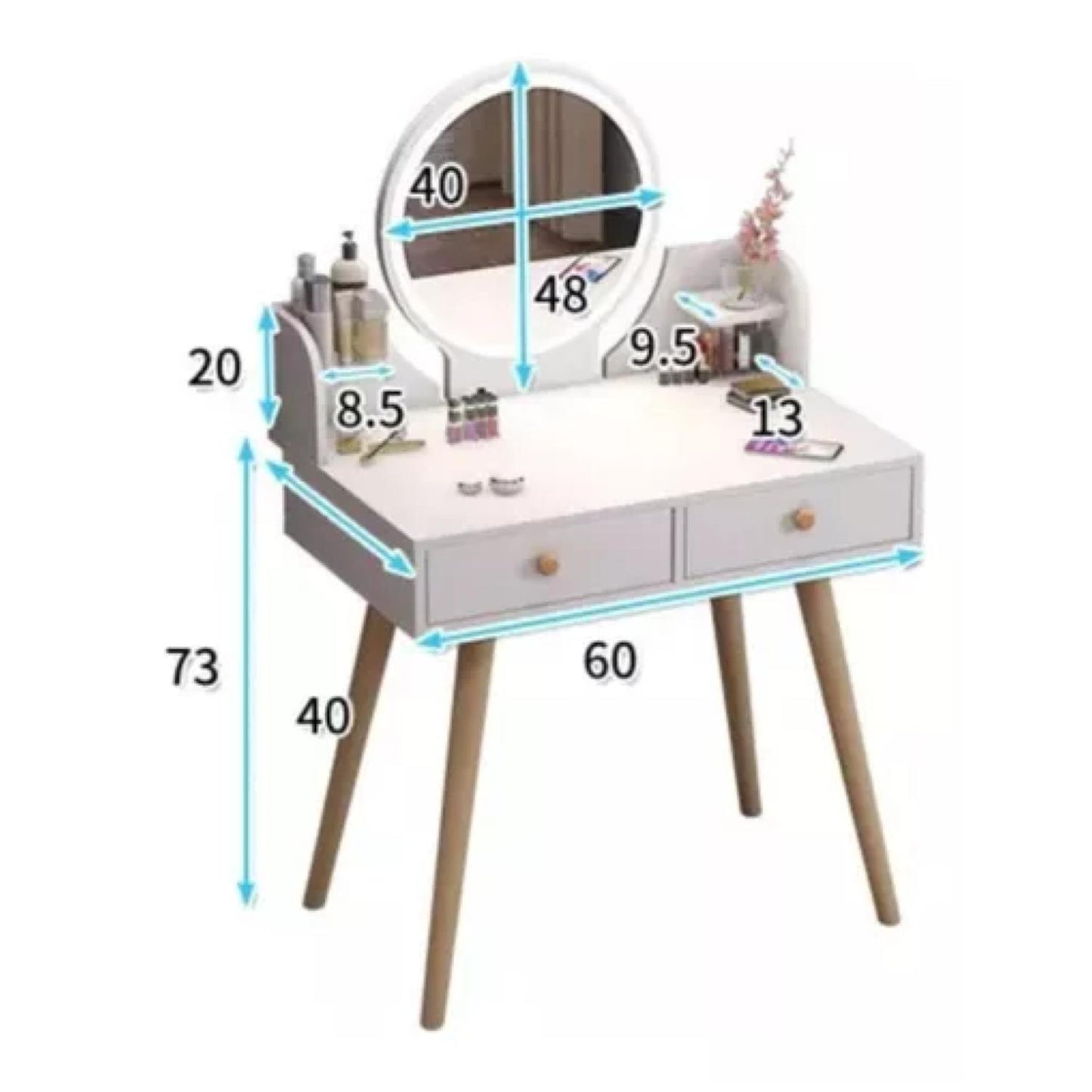 Tocador De Madera Con Espejo 2 Cajones Y Luz Led
