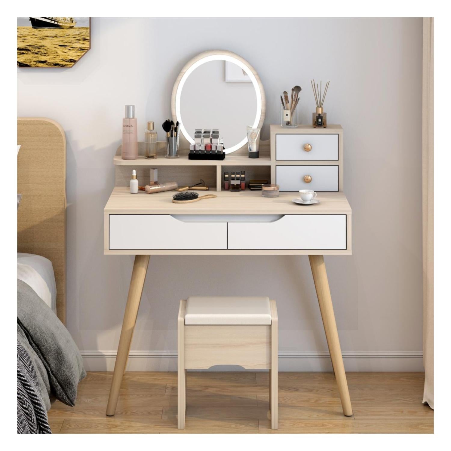 Tocador Con Espejo De Luz Led Y Taburete 80x40x130cm