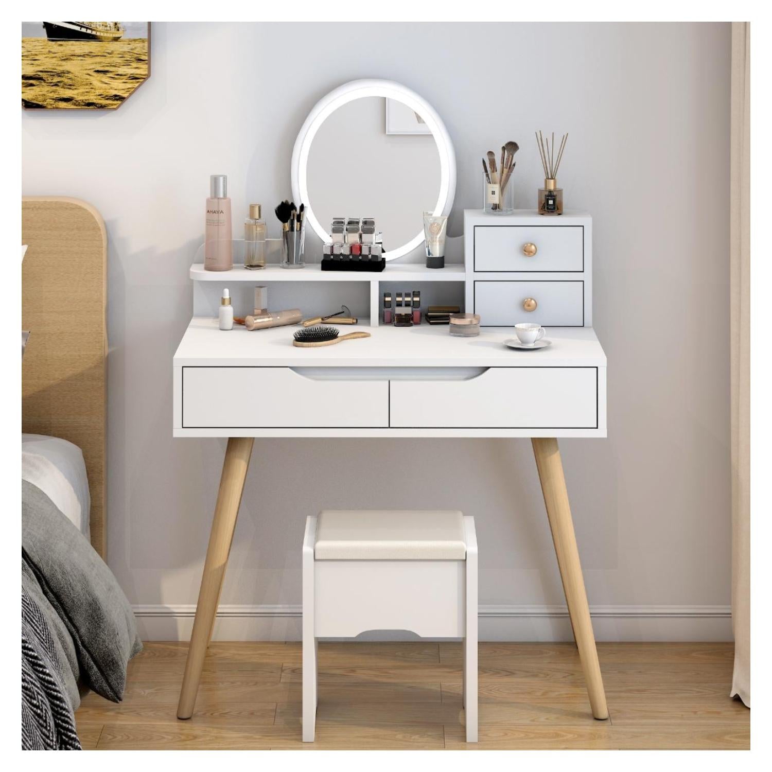 Tocador Con Espejo De Luz Led Y Taburete 80x40x130cm